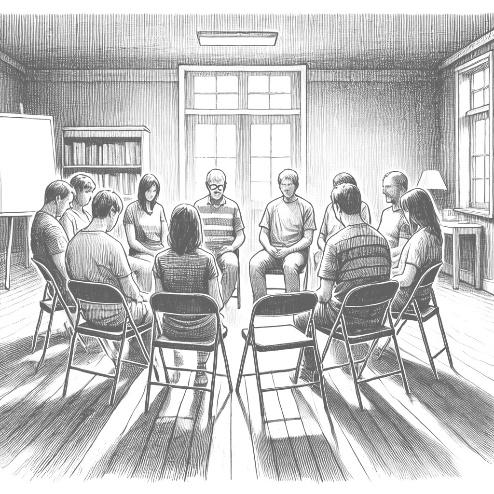 A group of people sitting in a circle of chairs